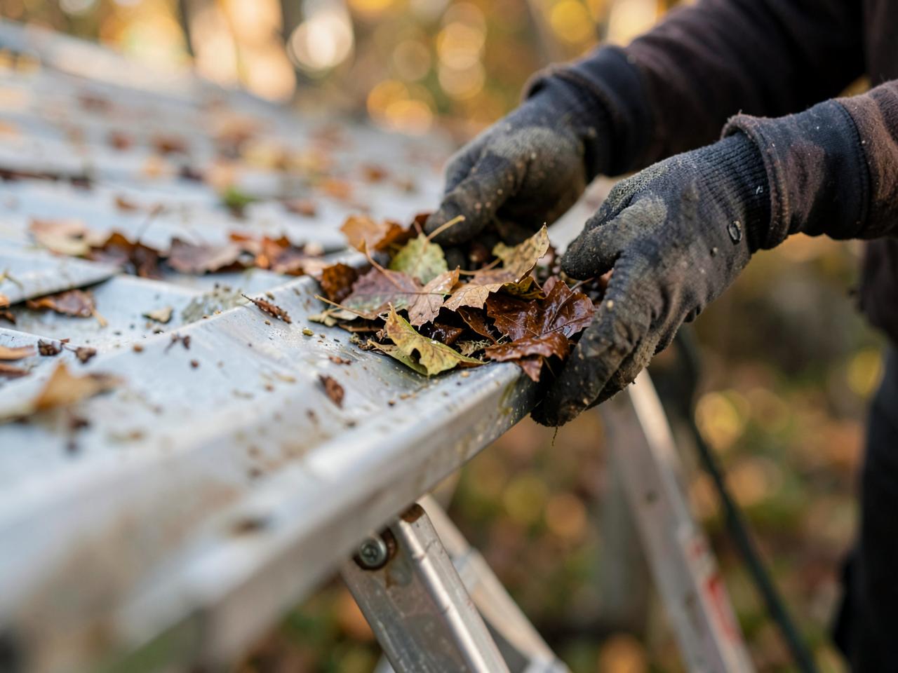 Gloved hands lifting wet autumn leaves out of an aluminum roof gutter
