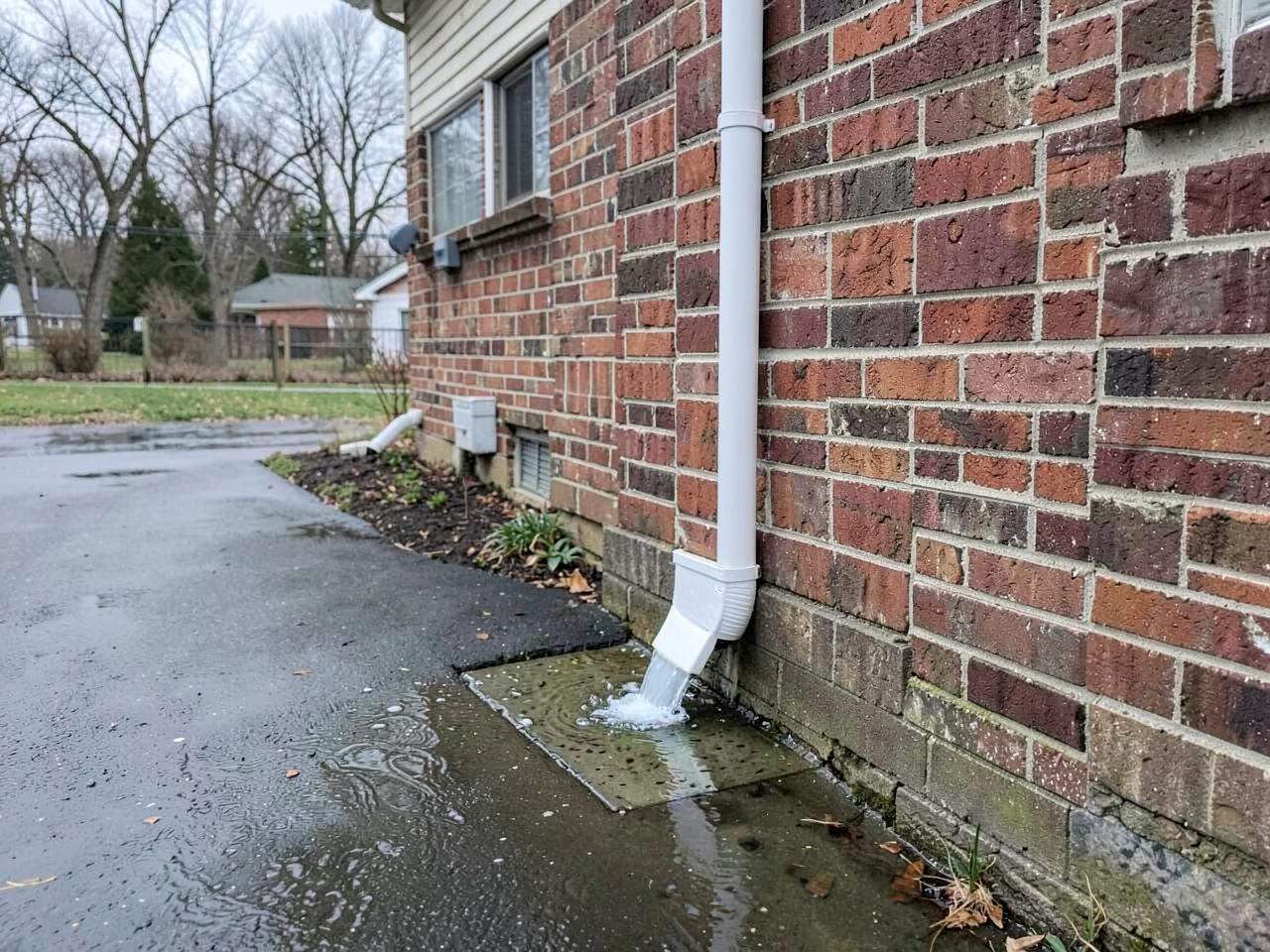 Clear water flushing out of a white aluminum downspout onto a splash block beside a brick house