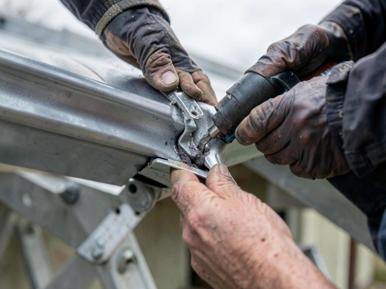 Contractor resealing the joint of an aluminum gutter with a caulking gun